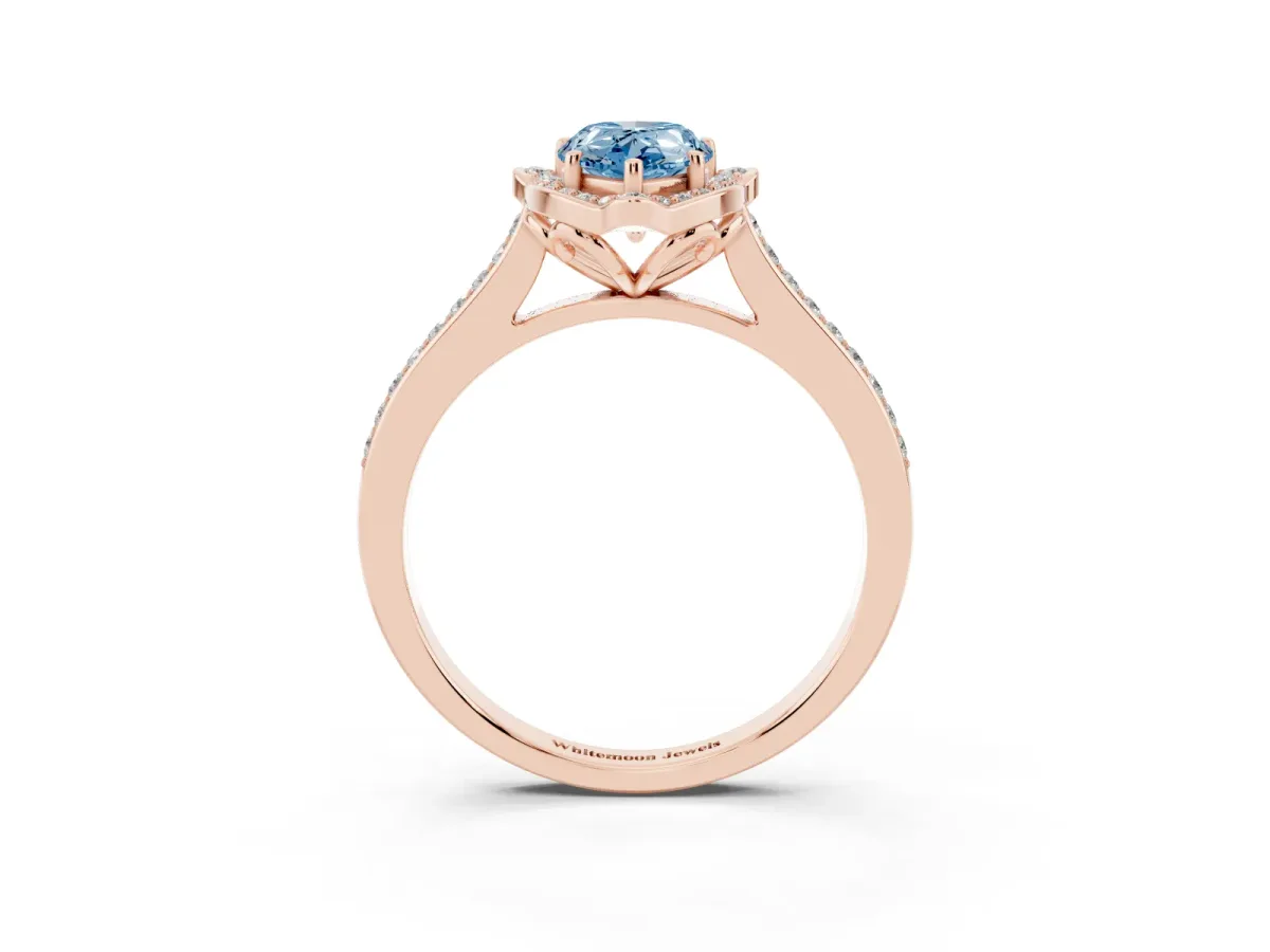 Fancy Blue Pear Cut Halo Round Diamond Pave Band with Four-Prong Setting Rose gold