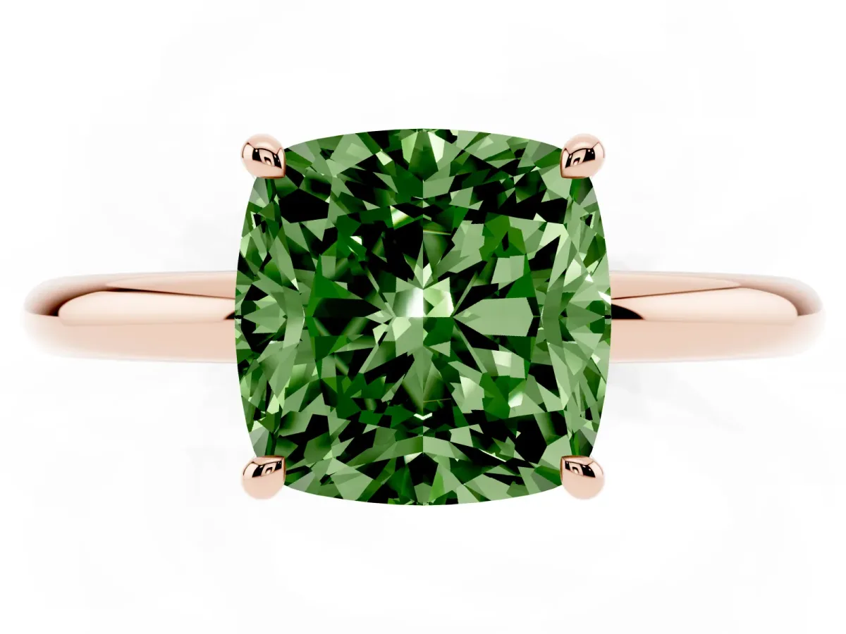 Fancy Green Cushion Cut Diamond Solitaire Ring with Thin Band and Four-Prong Setting Rose gold