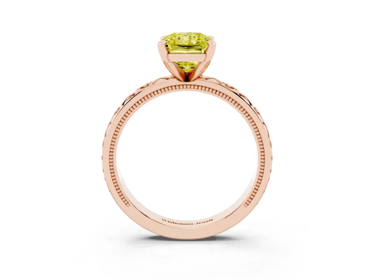 Fancy Yellow Radiant Cut Solitaire Diamond Engagement Ring with XO Engraved Band and Four-Prong Setting Rose gold