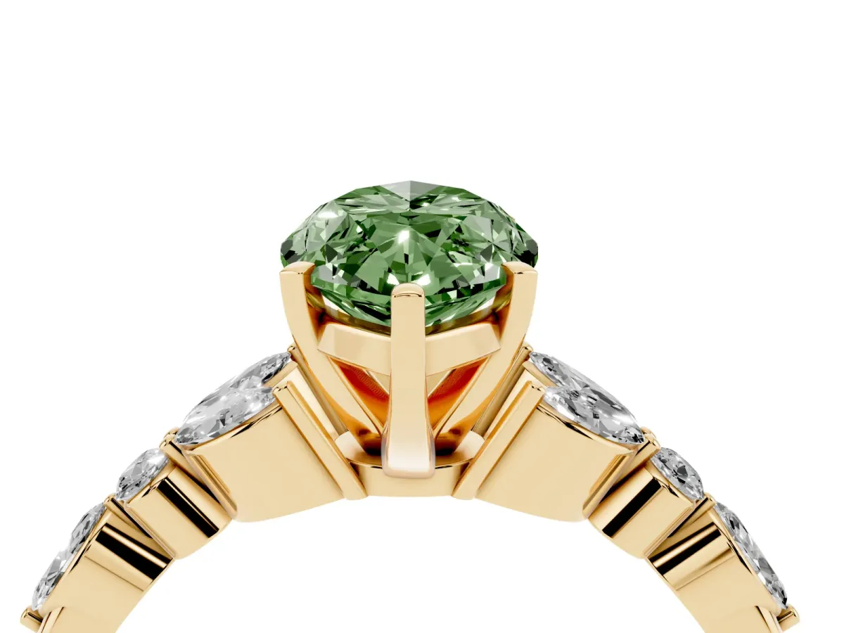 Fancy Green Marquise Cut Diamond Solitaire Ring with Side Stones and Four-Prong Setting Yellow gold