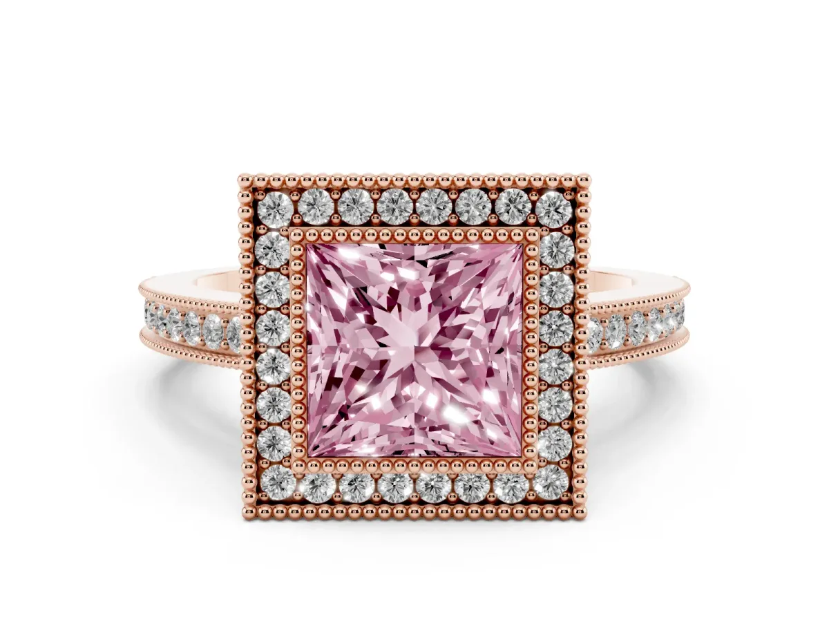 Fancy Pink Princess Cut Cut Halo Diamond Ring with Pavé Band and Milgrain Prong Setting Rose gold