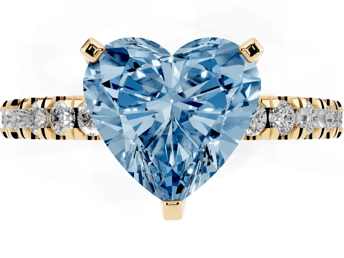 Fancy Blue Heart Cut Solitaire Diamond with Pavé Band and Four-Prong Setting Yellow gold