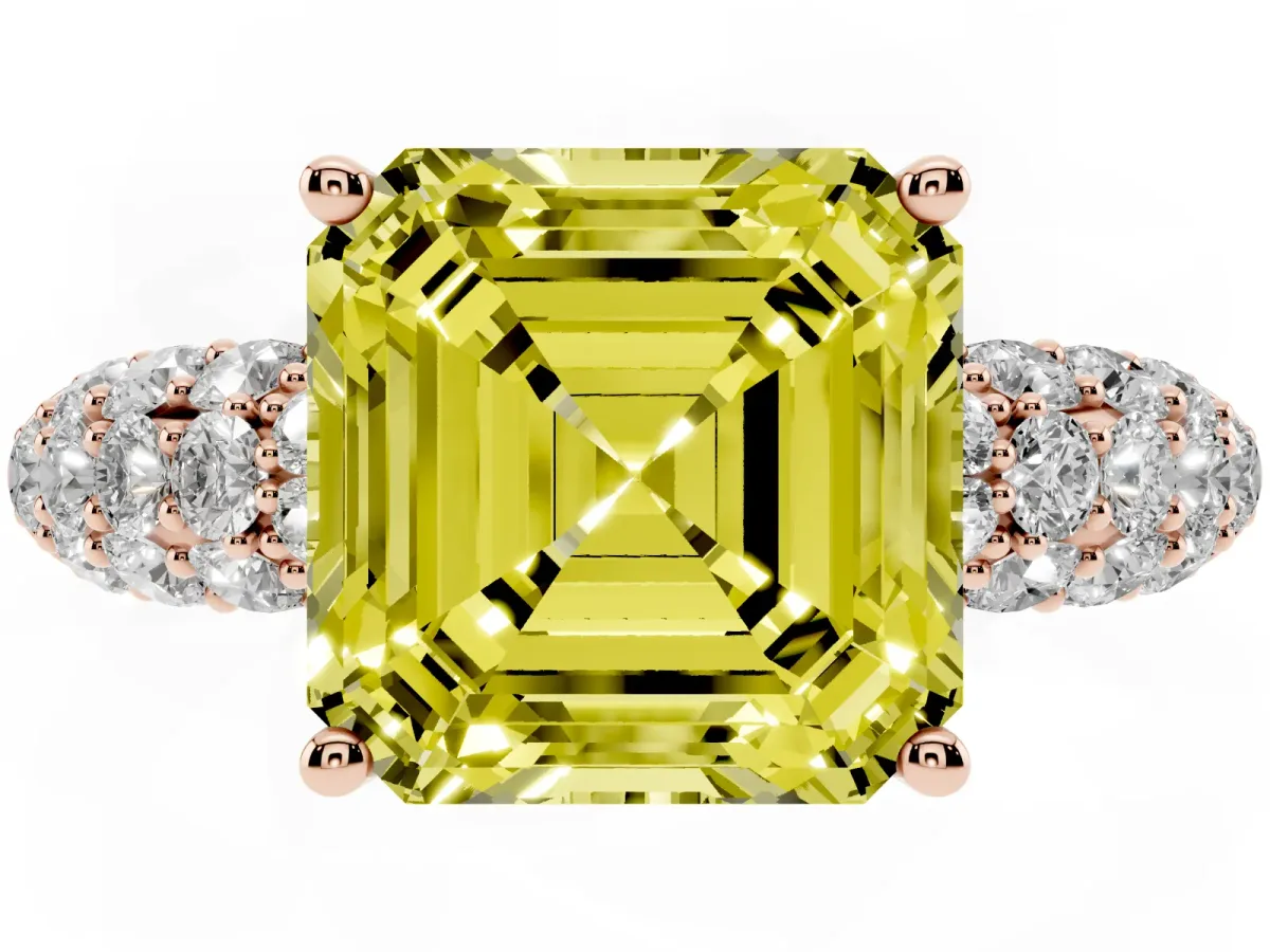 Fancy Yellow Asscher Cut Diamond Pavé Band Solitaire Ring with Four-Prong Setting Rose gold