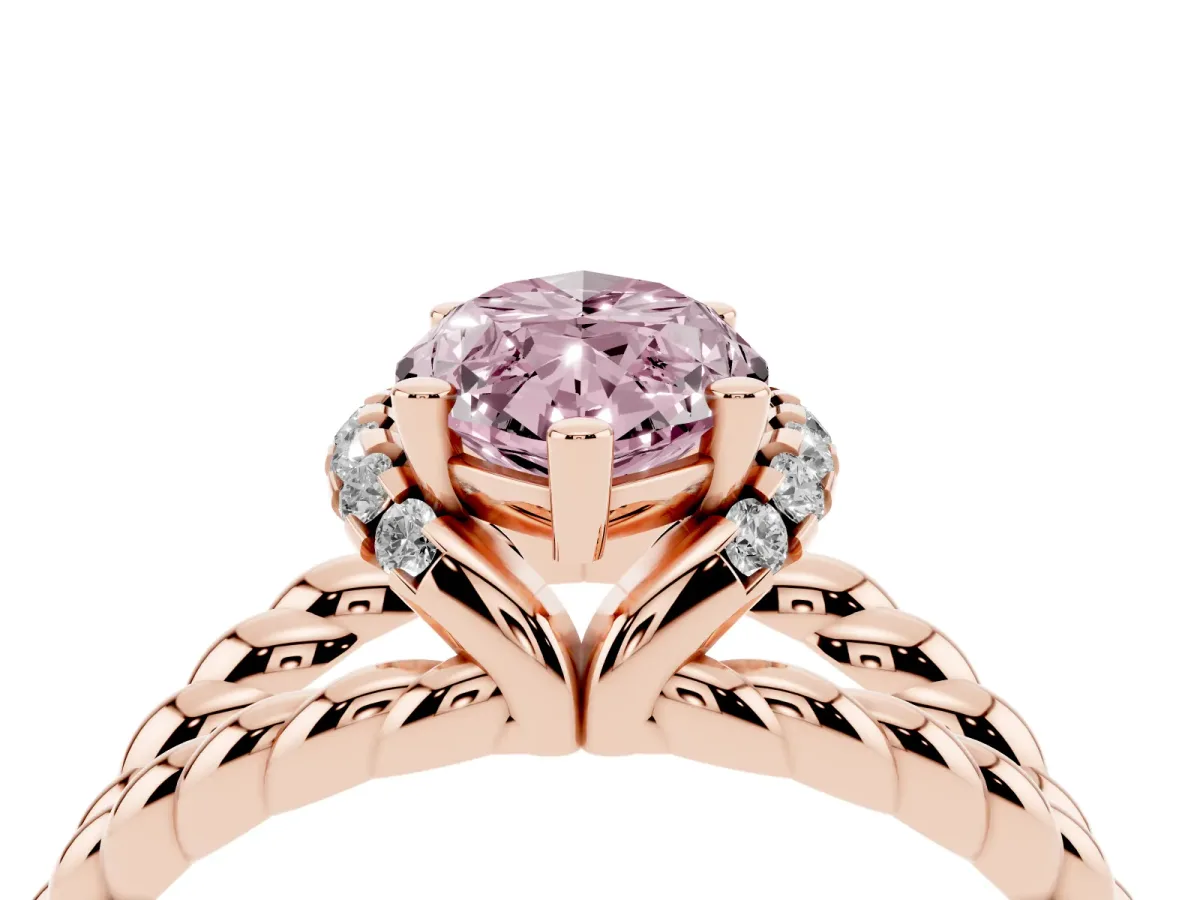 Fancy Pink Marquise Cut Halo Twisted Band Four-Prong Ring Rose gold