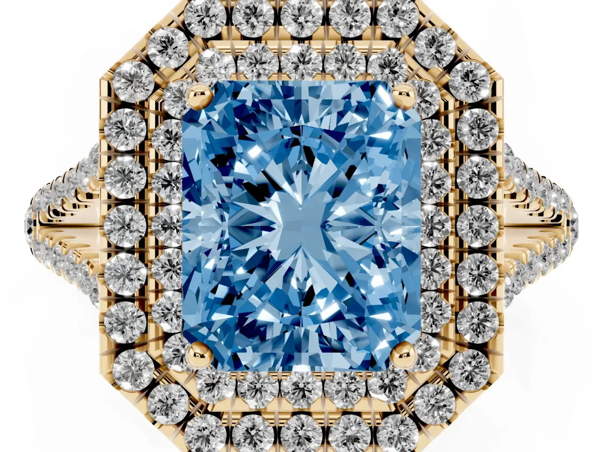 Fancy Blue Radiant Cut Diamond Double Halo Ring with Pavé Band and Prong Setting Yellow gold