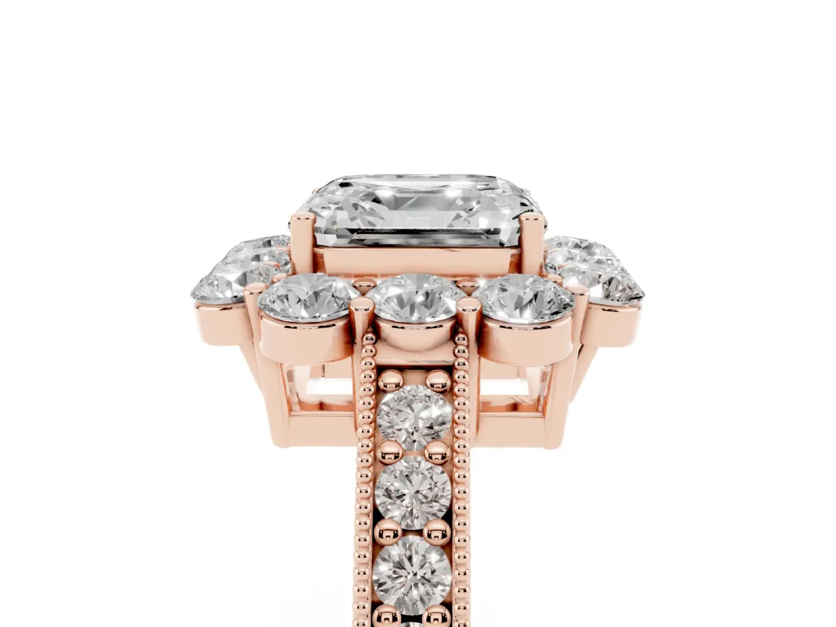 Asscher Cut Cut Halo Diamond Pavé Engagement Ring with Milgrain Detailing Rose gold