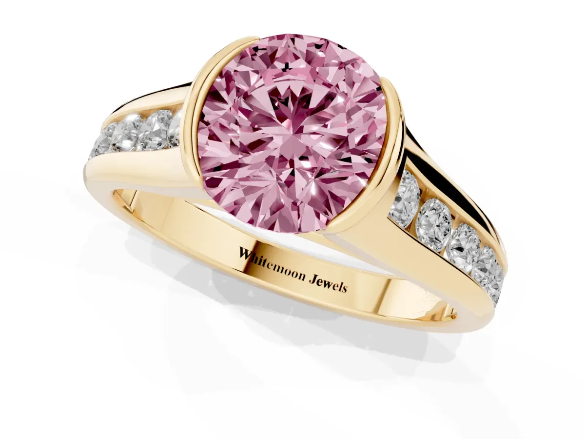 Fancy Pink Round Cut Solitaire Bezel-Set Diamond Ring with Channel-Set Band Yellow gold