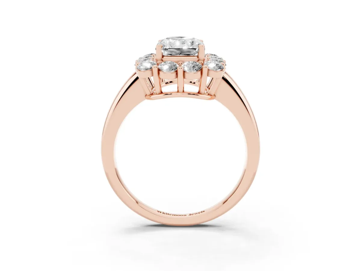 Radiant Cut Halo Cluster Diamond Engagement Ring with Prong Setting and Polished Band Rose gold