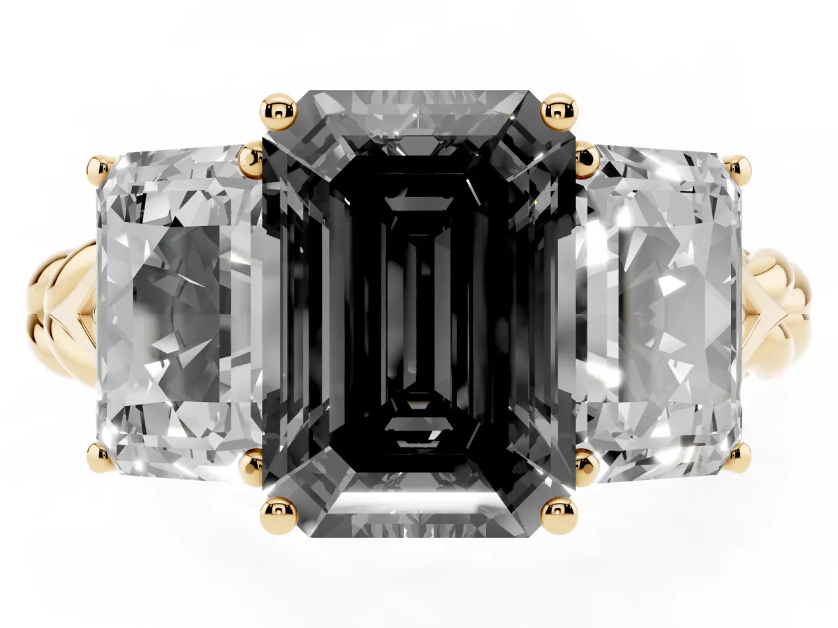 Fancy Black Three-Stone Radiant Cut Diamond Braided Band Ring with Four-Prong Setting Yellow gold