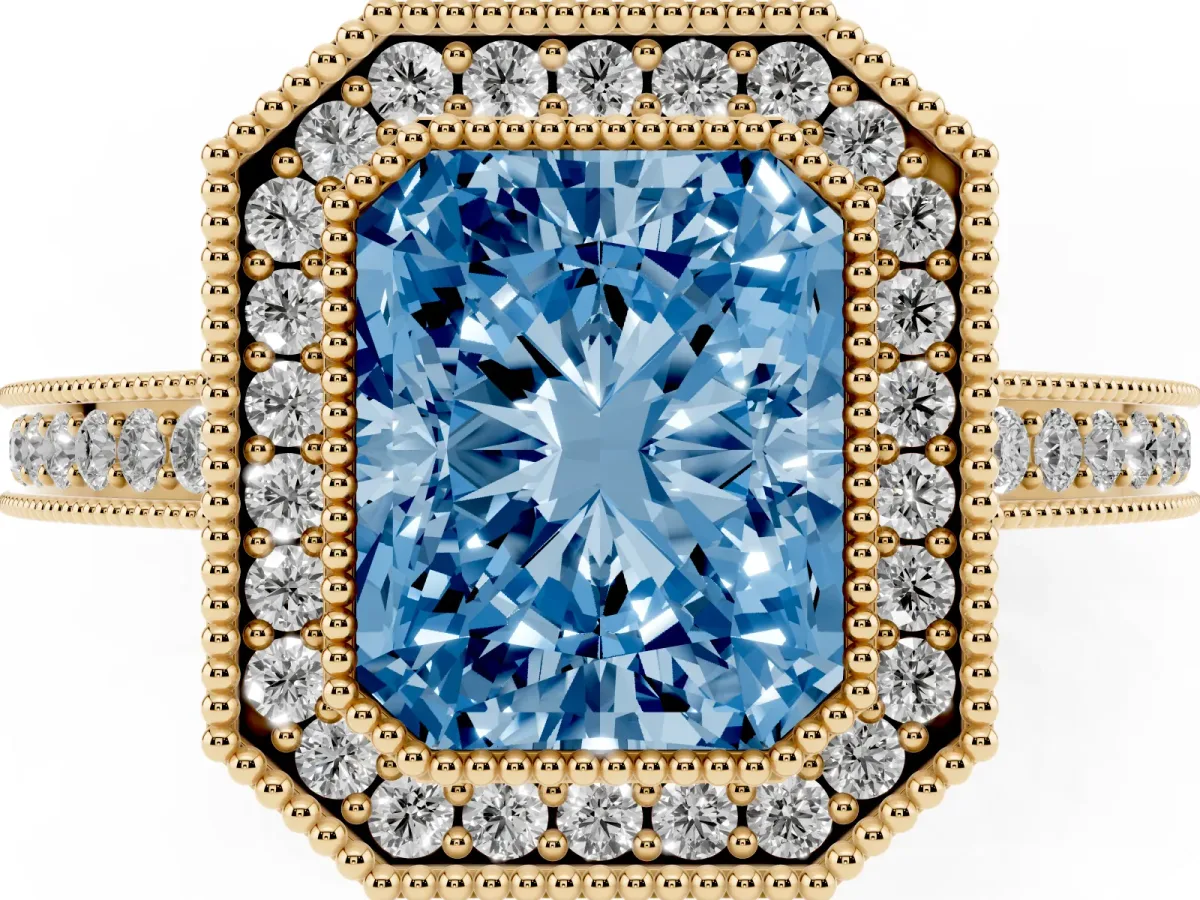 Fancy Blue Radiant Cut Cut Halo Diamond Ring with Pavé Band and Milgrain Prong Setting Yellow gold