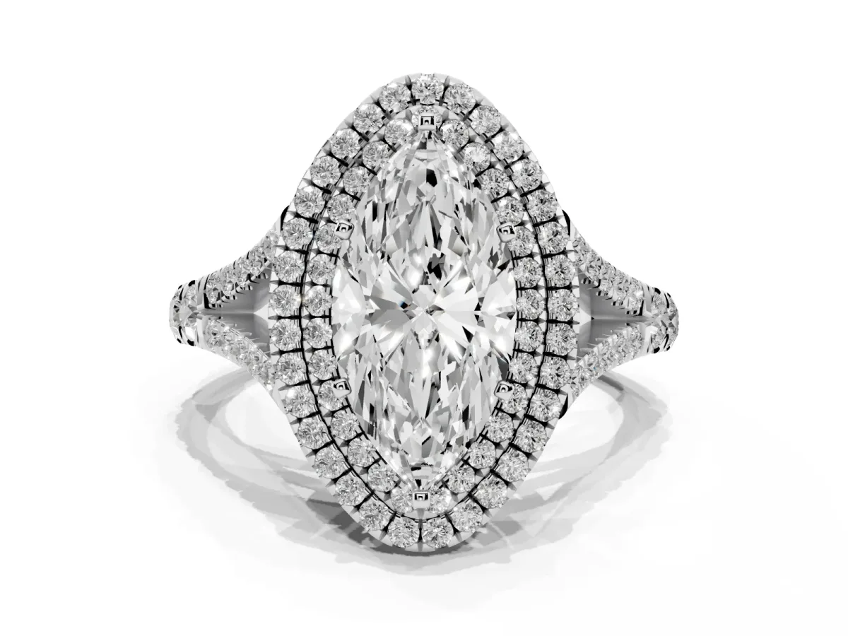 Double Halo Marquise Cut Diamond Split Shank Engagement Ring with Four-Prong Setting Silver