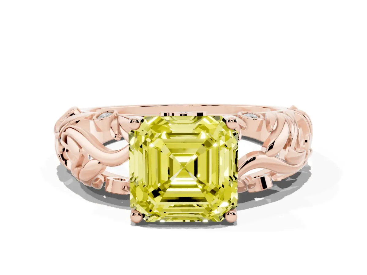 Fancy Yellow Asscher Cut Solitaire Diamond Leaf-Inspired Vine Band Ring with Prong Setting Rose gold