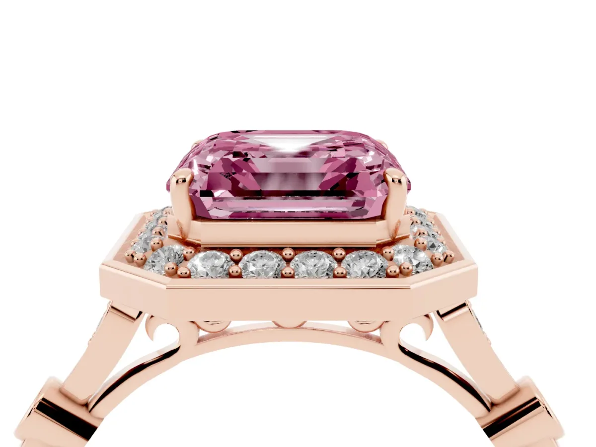 Fancy Pink Asscher Cut Halo Diamond Engagement Ring with Twisted Band and Four-Prong Setting Rose gold