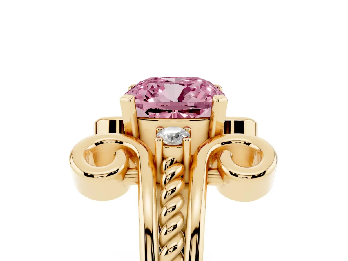 Fancy Pink Cushion Cut Solitaire Twisted Band Scroll Prong Ring Yellow gold