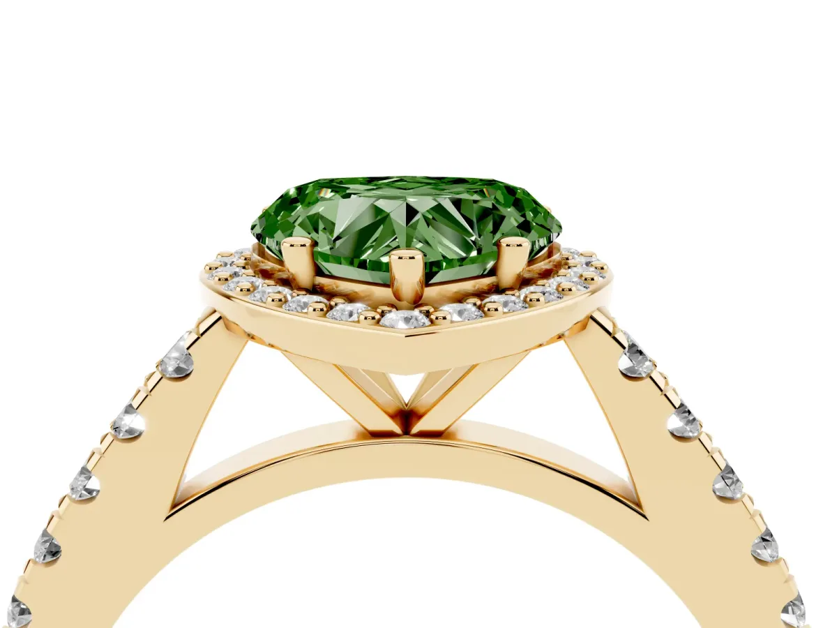 Fancy Green Heart Cut Cut Halo Diamond Engagement Ring with Pave Band and Four-Prong Setting Yellow gold