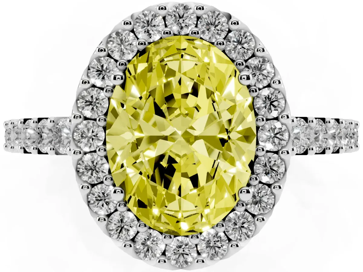 Fancy Yellow Oval Cut Halo Diamond Pavé Solitaire Ring White gold