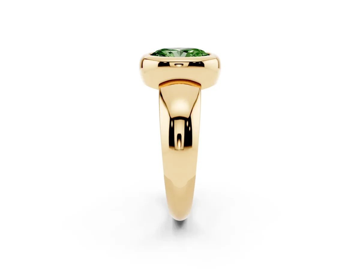 Fancy Green Bezel Set Oval Cut Solitaire Ring with Wide Band Yellow gold