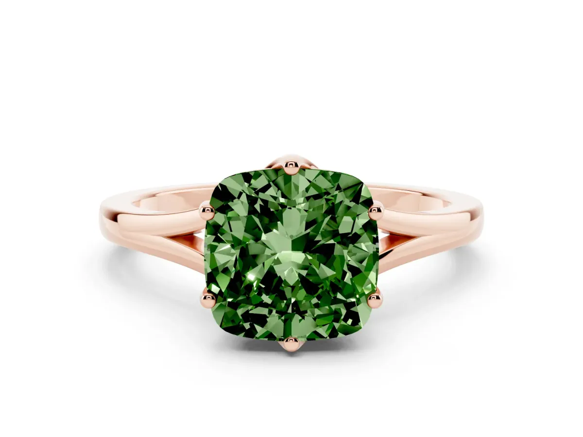 Fancy Green Cushion Cut Solitaire Diamond Ring with Six-Prong Setting and Tapered Band Rose gold