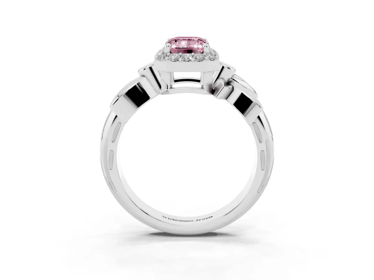 Fancy Pink Emerald Cut Halo Diamond Floral Band with Four-Prong Setting Platinum