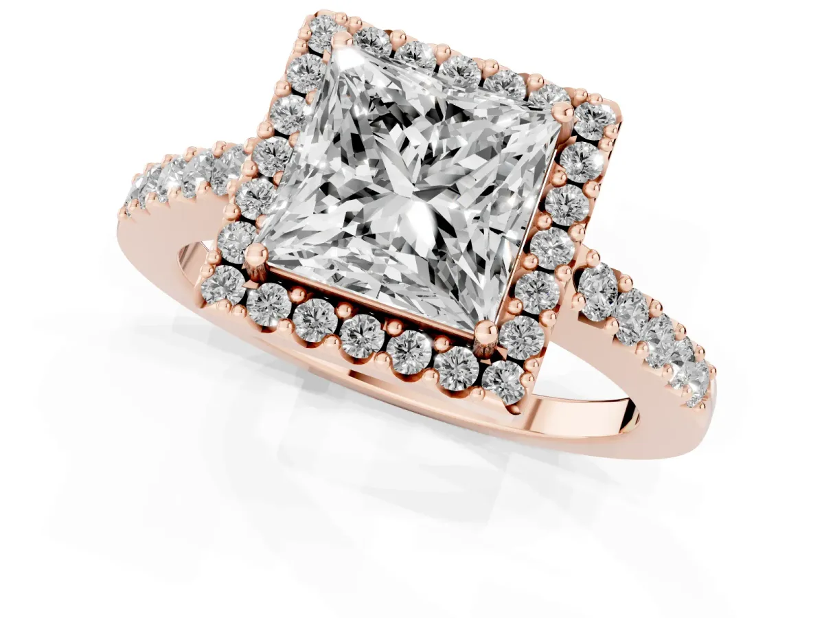 Princess Cut Halo Diamond Pavé Solitaire Ring Rose gold