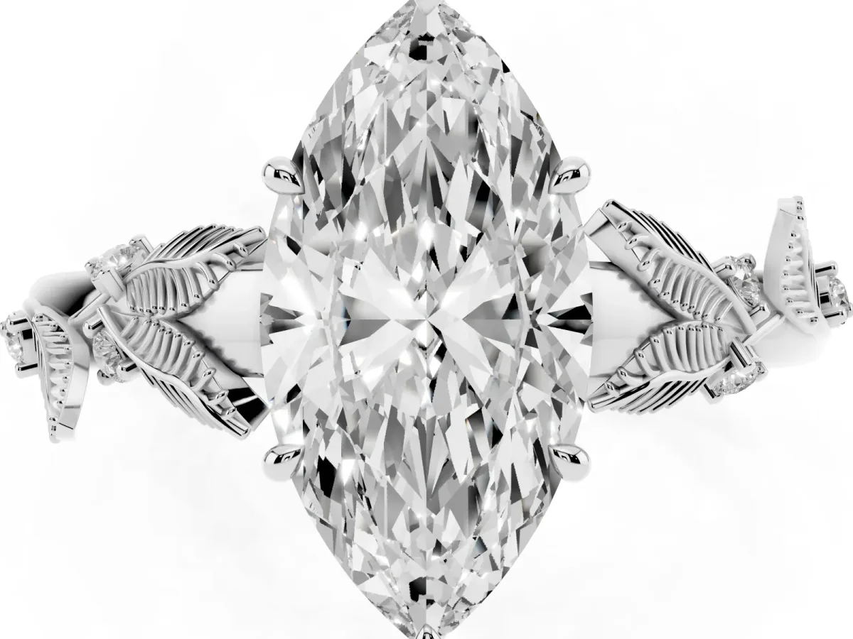 Marquise Cut Diamond Solitaire Ring with Leaf Motif Band and Four-Prong Setting Silver