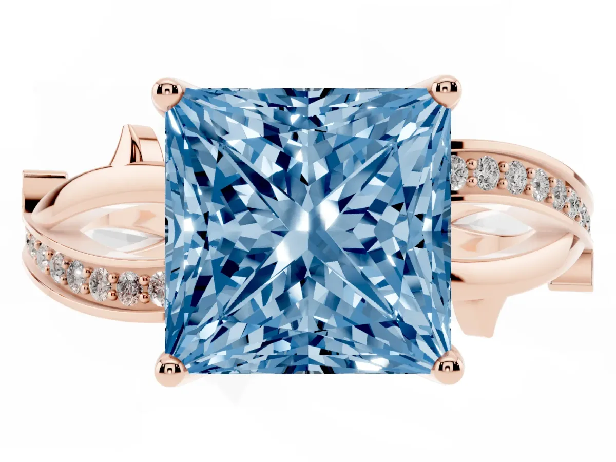 Fancy Blue Princess Cut Solitaire Twist Band with Pavé Accents and Four-Prong Setting Rose gold
