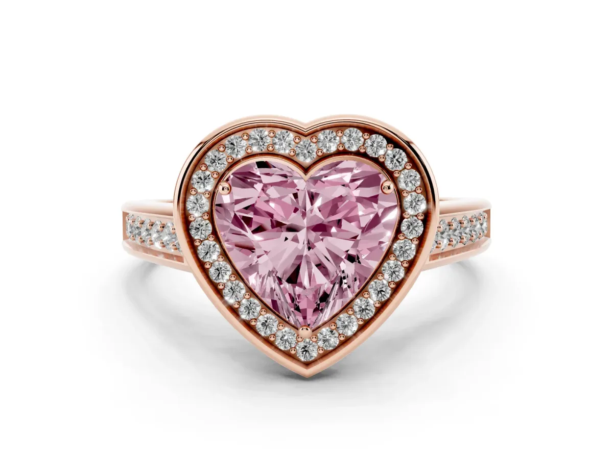Fancy Pink Heart Cut Halo Solitaire Diamond Ring with Pave Band and Bezel Setting Rose gold
