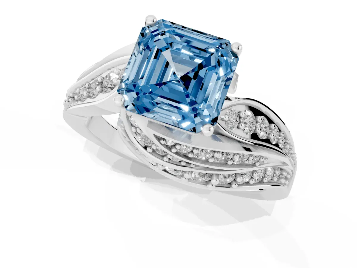 Fancy Blue Asscher Cut Diamond Solitaire Ring with Prong Setting and Twisted Pavé Band Silver