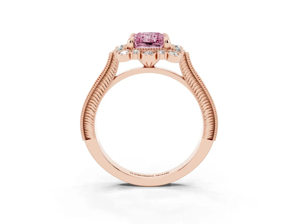 Fancy Pink Radiant Cut Halo Milgrain Pave Diamond Ring with Four-Prong Setting Rose gold