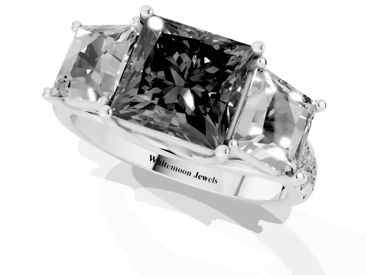 Fancy Black Three-Stone Princess Cut Diamond Pavé Band with Prong Setting Silver