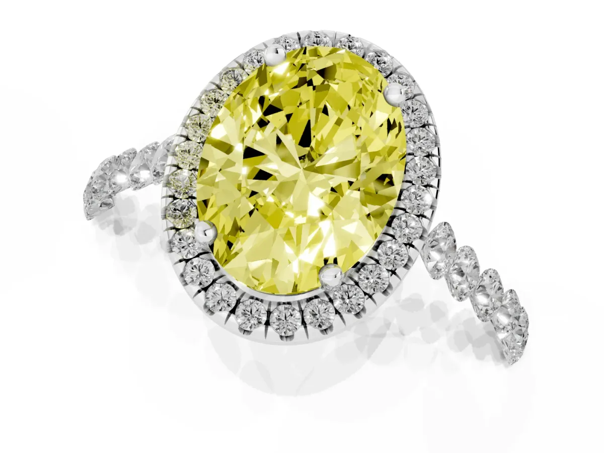 Fancy Yellow Oval Cut Halo Pavé Diamond Engagement Ring with Four-Prong Setting White gold