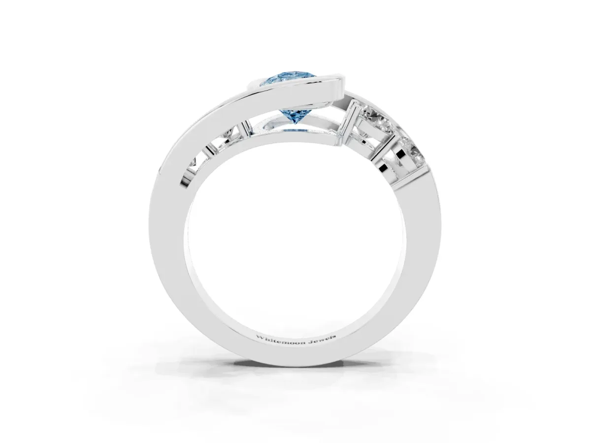 Fancy Blue Bezel Set Pear Cut Diamond Bypass Ring with Round Accents Platinum