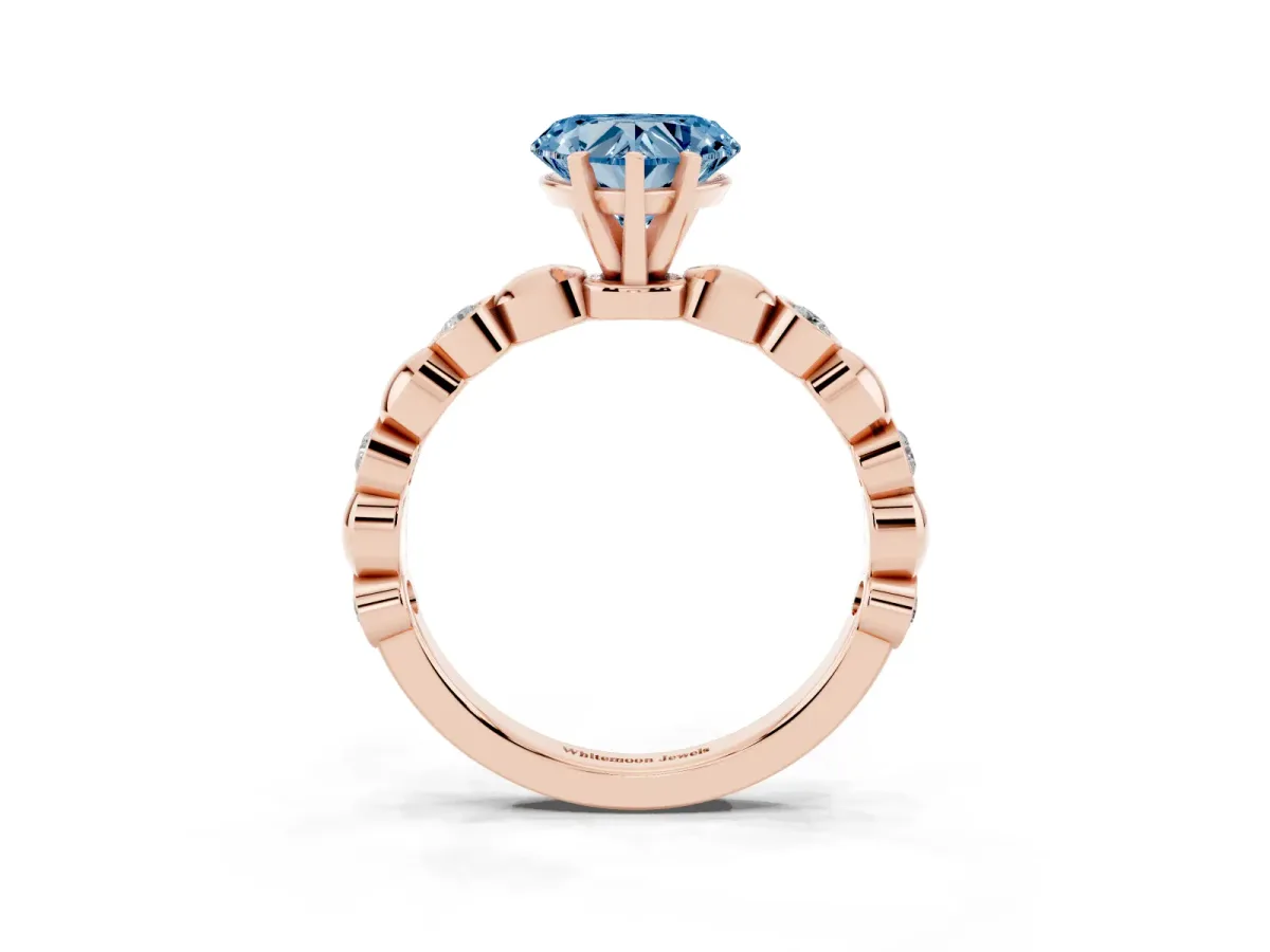 Fancy Blue Heart Cut Solitaire Bezel-Set Diamond Ring with Beaded Band and Four-Prong Setting Rose gold