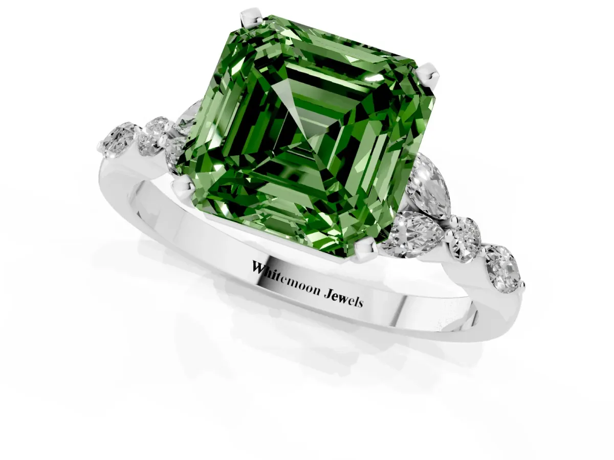 Fancy Green Asscher Cut Diamond Solitaire Ring with Side Stones and Four-Prong Setting Silver