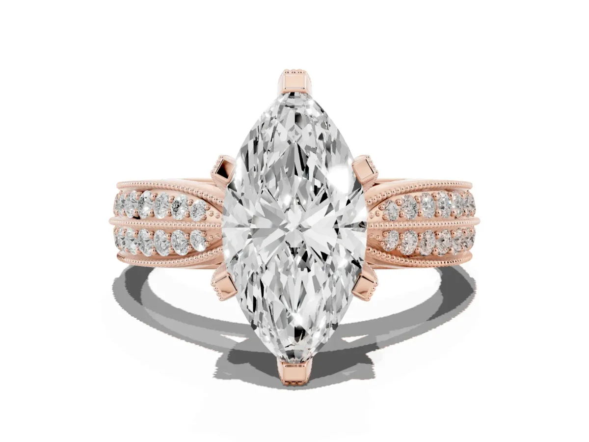 Marquise Cut Diamond Solitaire Ring with Milgrain Round Pavé Band and Prong Setting Rose gold
