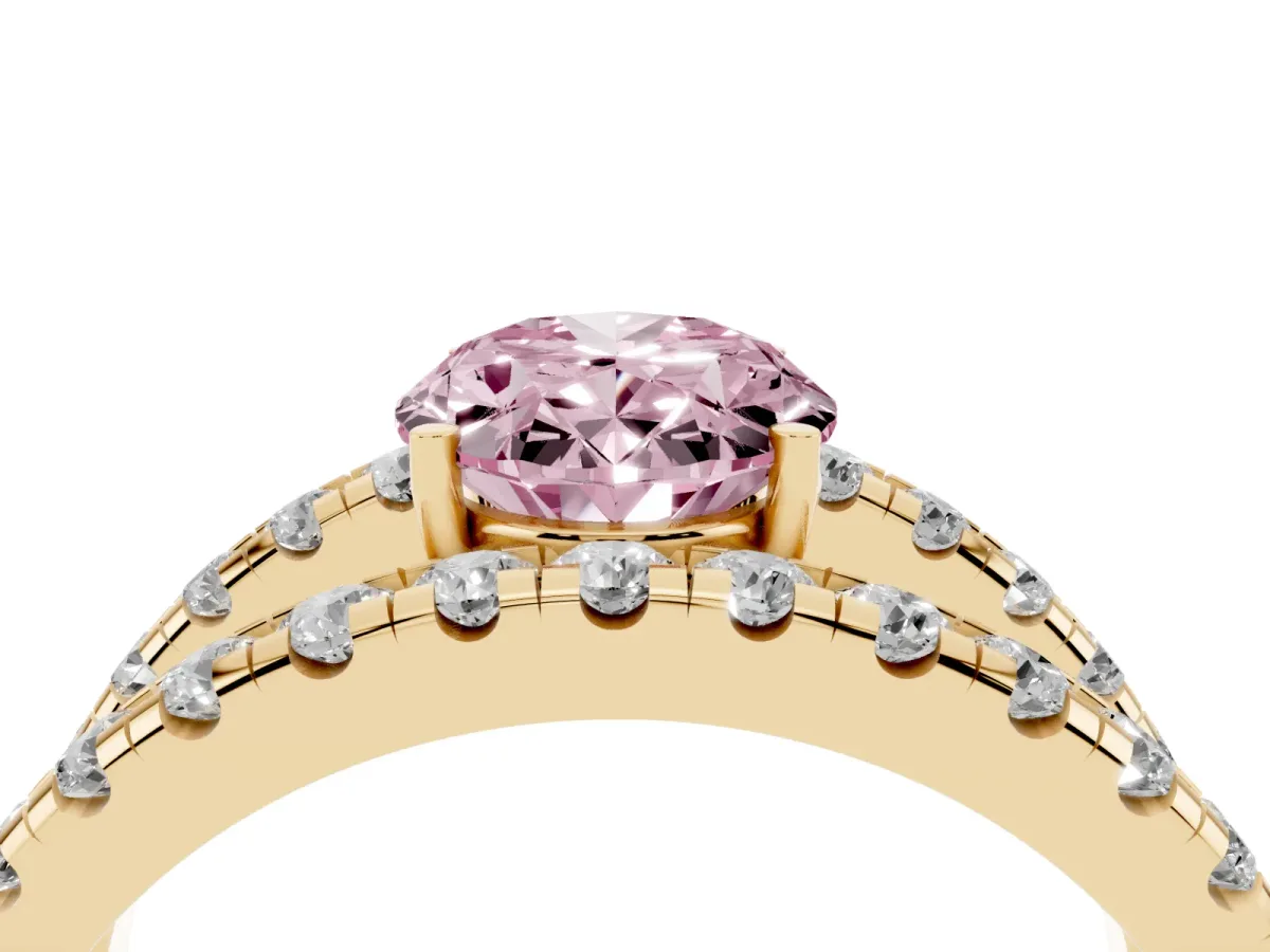 Fancy Pink Oval Cut Solitaire Split Shank Pave Diamond Ring Yellow gold