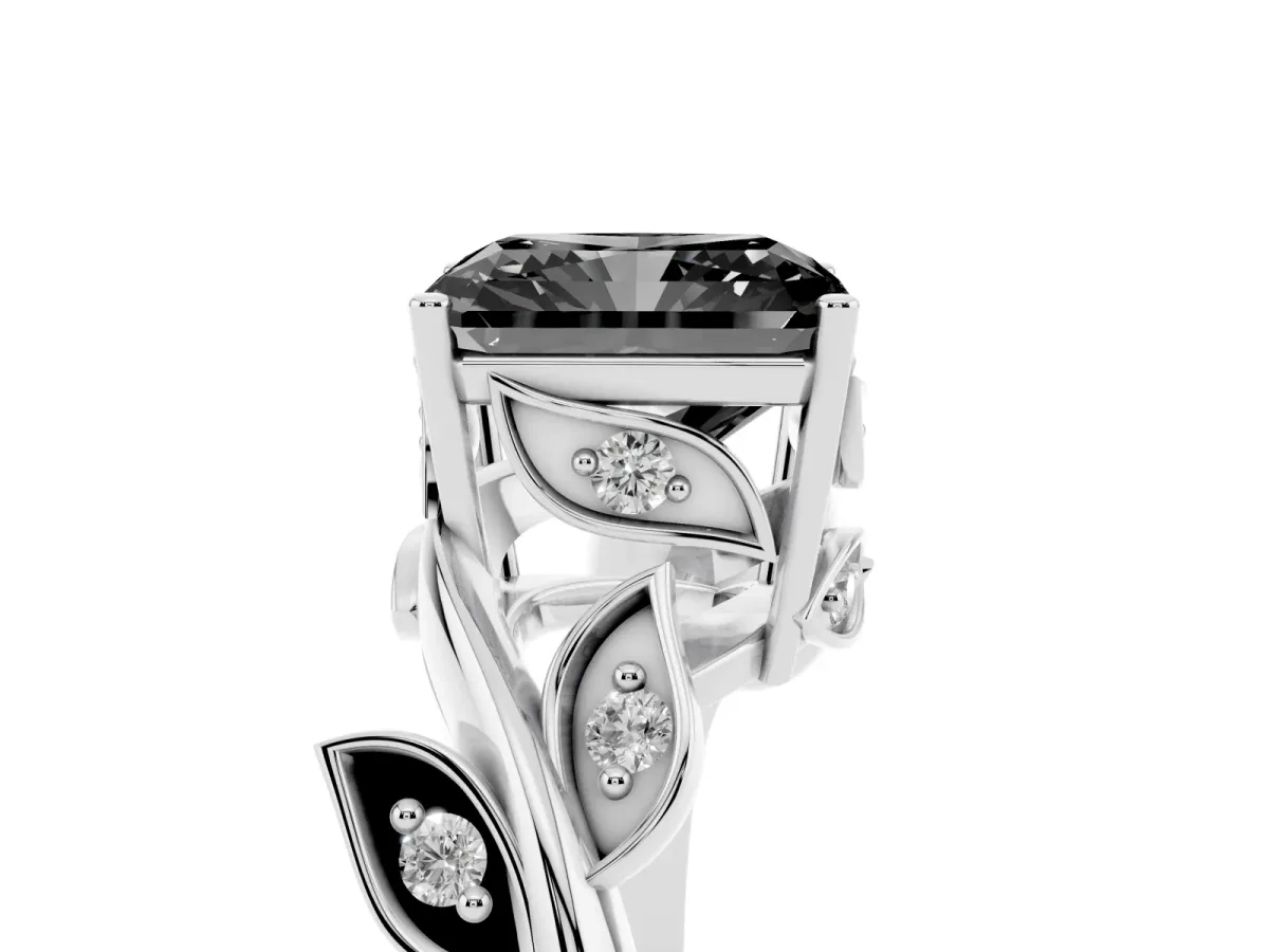 Fancy Black Radiant Cut Solitaire Twist Engagement Ring with Leaf Accents and Prong Setting White gold