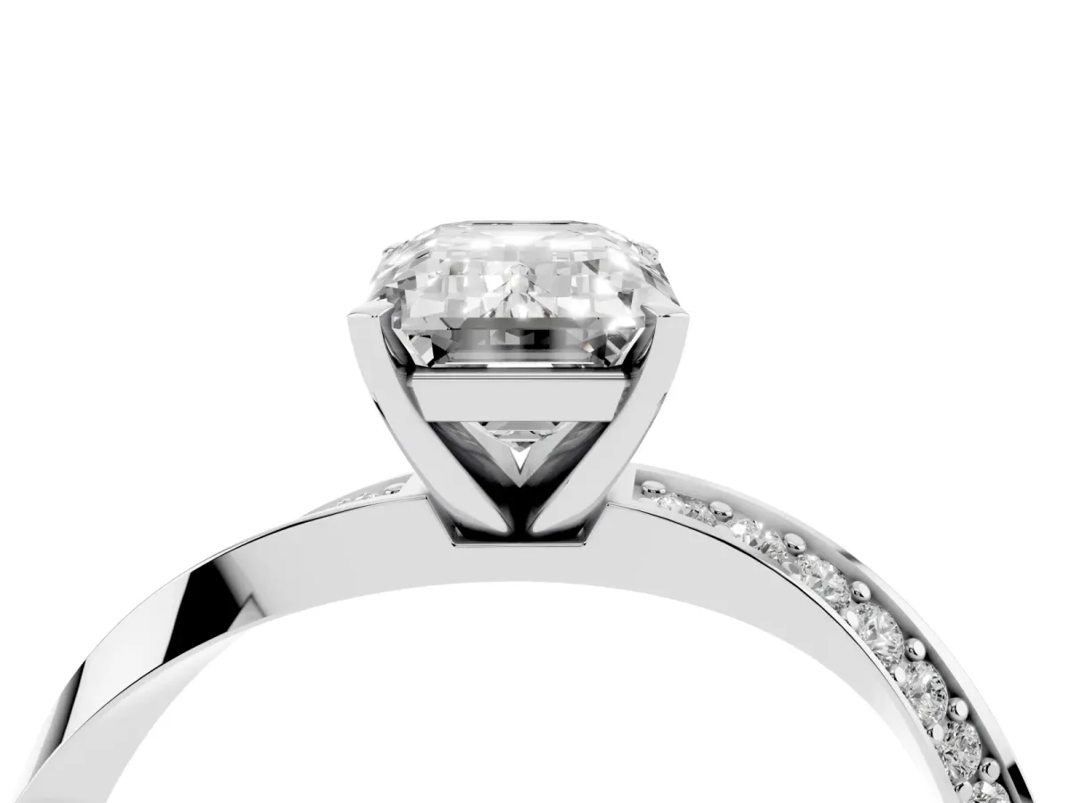 Emerald Cut Diamond Engagement Ring with Side Stone Accents and Four-Prong Setting Silver