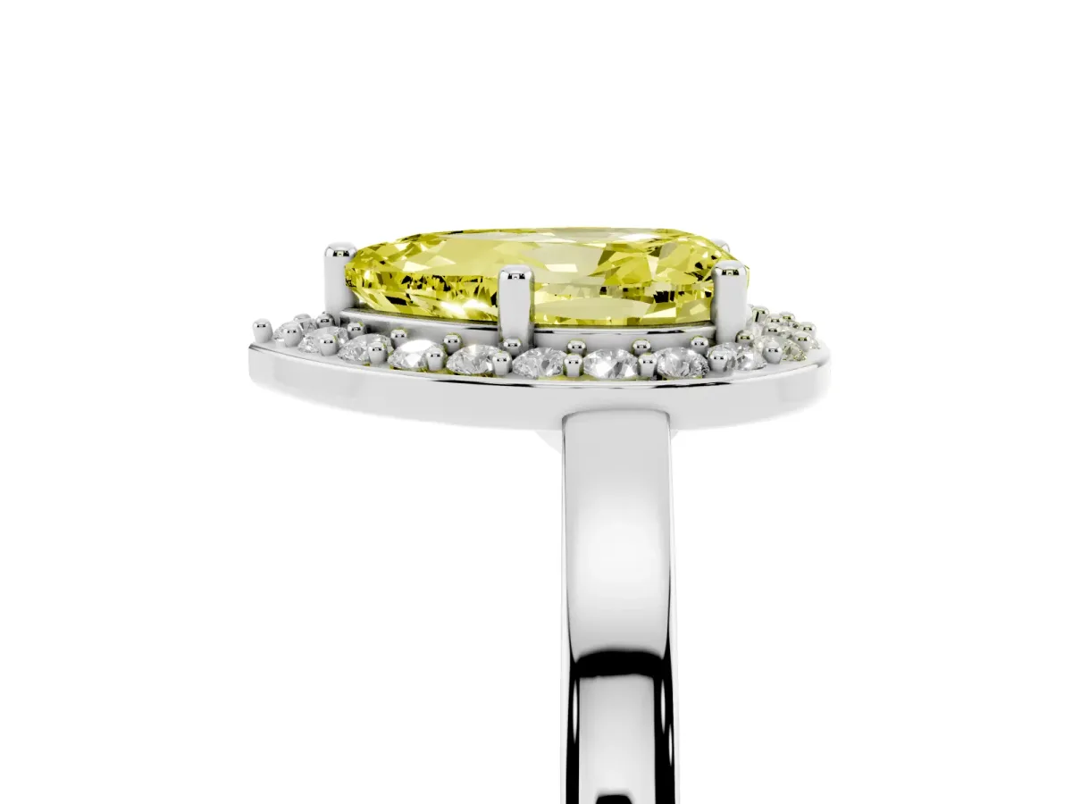 Fancy Yellow Pear Cut Halo Diamond Ring with Solitaire Band and Prong Setting Silver