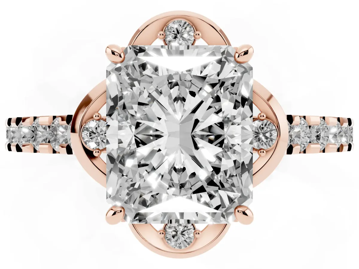 Radiant Cut Diamond Ring with Pavé Band and Floral Prong Setting Rose gold