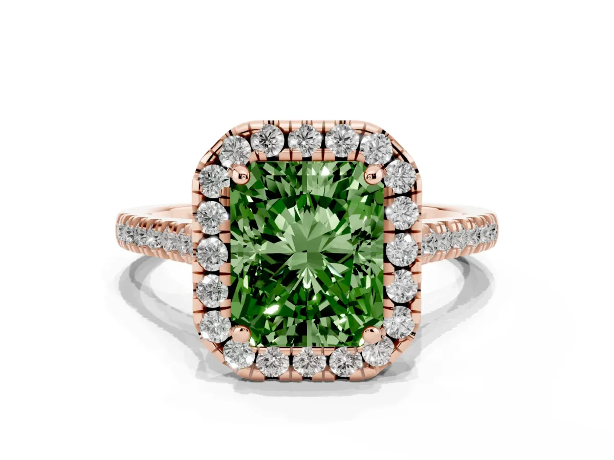 Fancy Green Radiant Cut Diamond Cushion Halo Ring with Pavé Band Rose gold