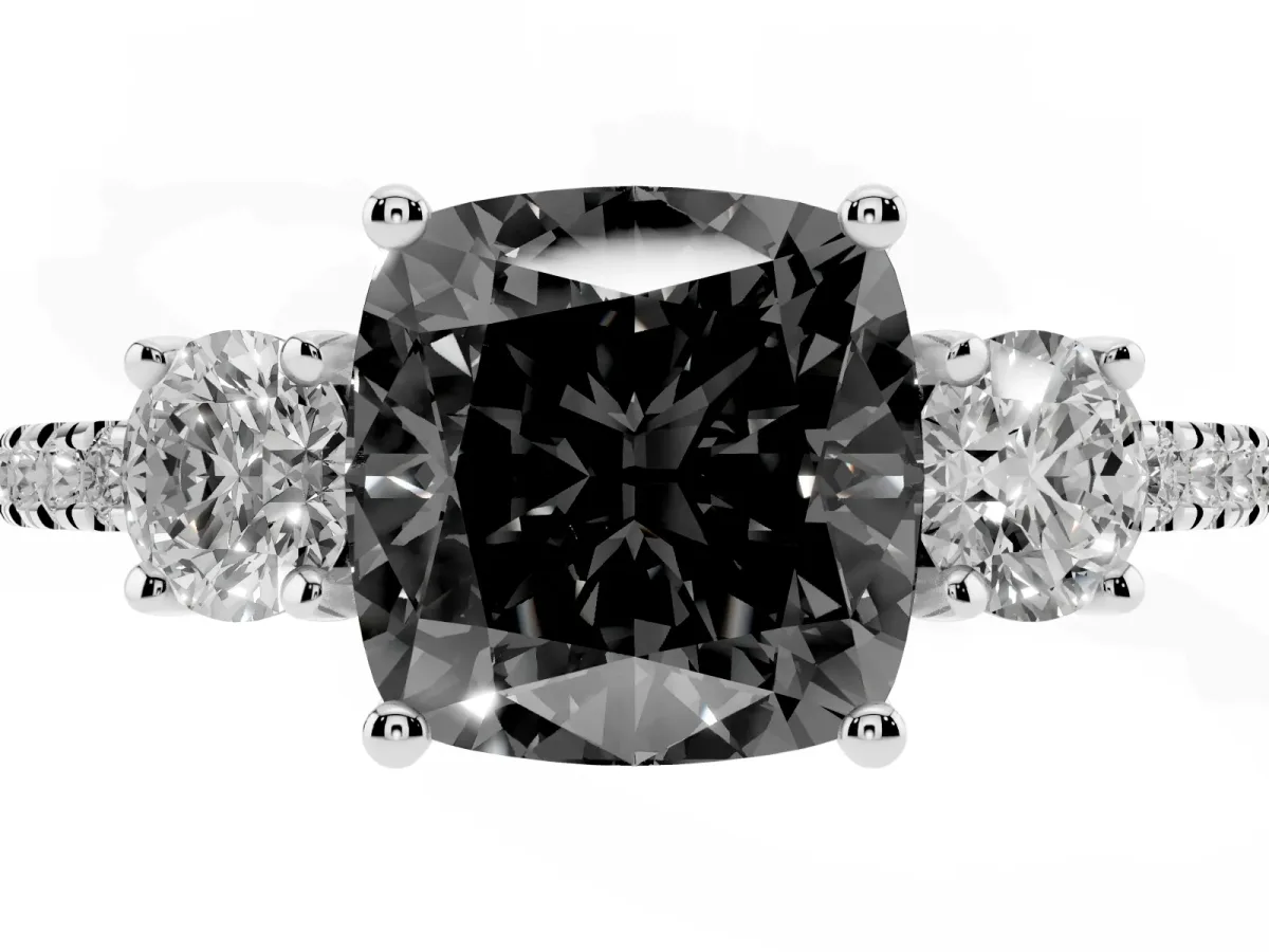 Fancy Black Three-Stone Cushion Cut Cut Diamond Pavé Band with Prong Setting Platinum