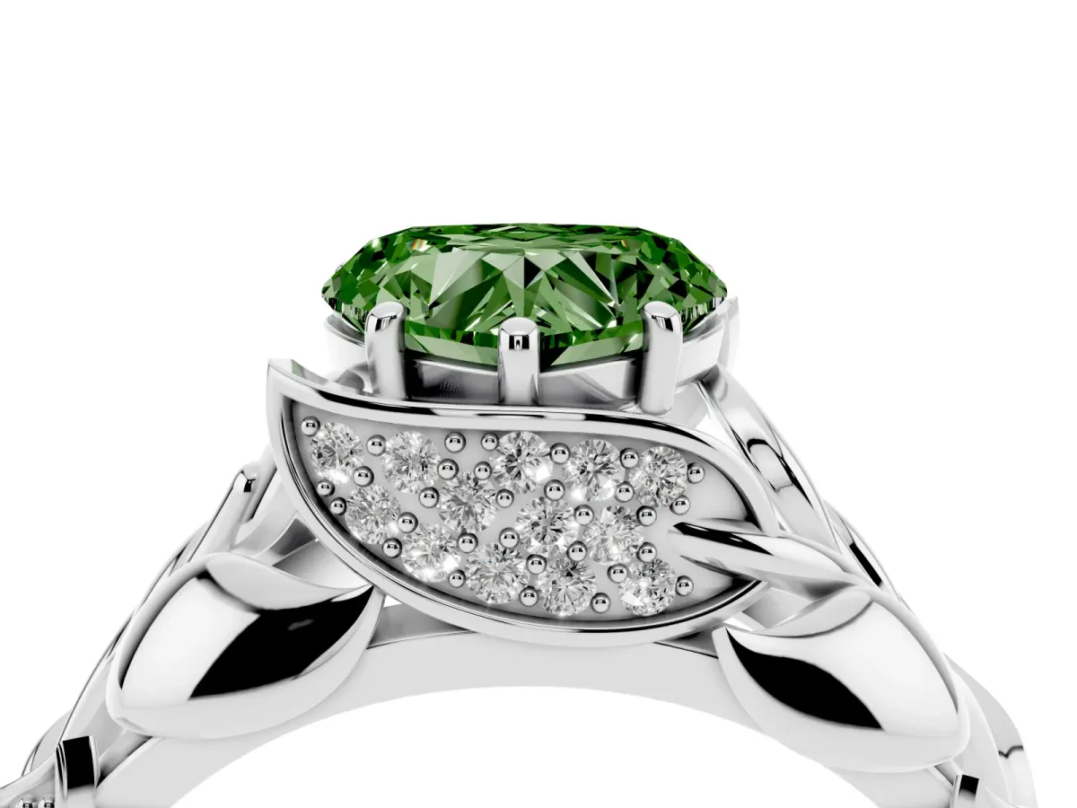Fancy Green Heart Cut Diamond Leaf-Inspired Engagement Ring with Round Accents and Prong Setting White gold