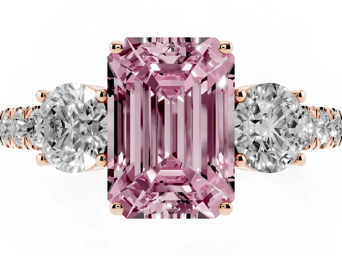 Fancy Pink Emerald Cut Cut Diamond Three-Stone Ring with Round Side Stones and Pavé Band Rose gold