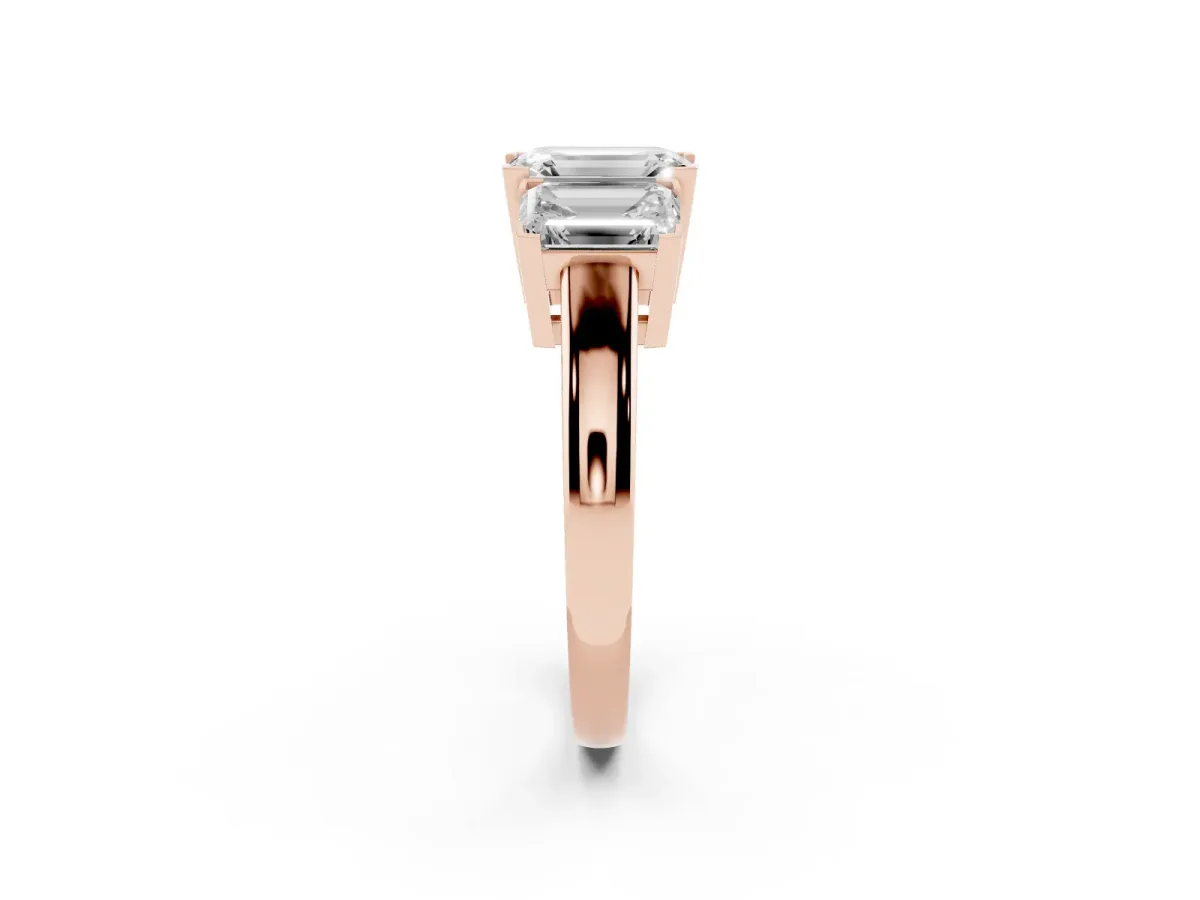 Three-Stone Emerald Cut Cut Diamond Ring with Channel Set Band and Four-Prong Setting Rose gold