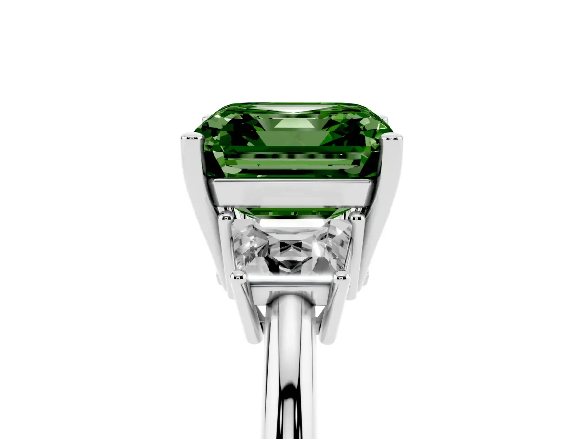 Fancy Green Asscher Cut Diamond Three-Stone Ring with Trapezoid Side Stones and Prong Setting Silver