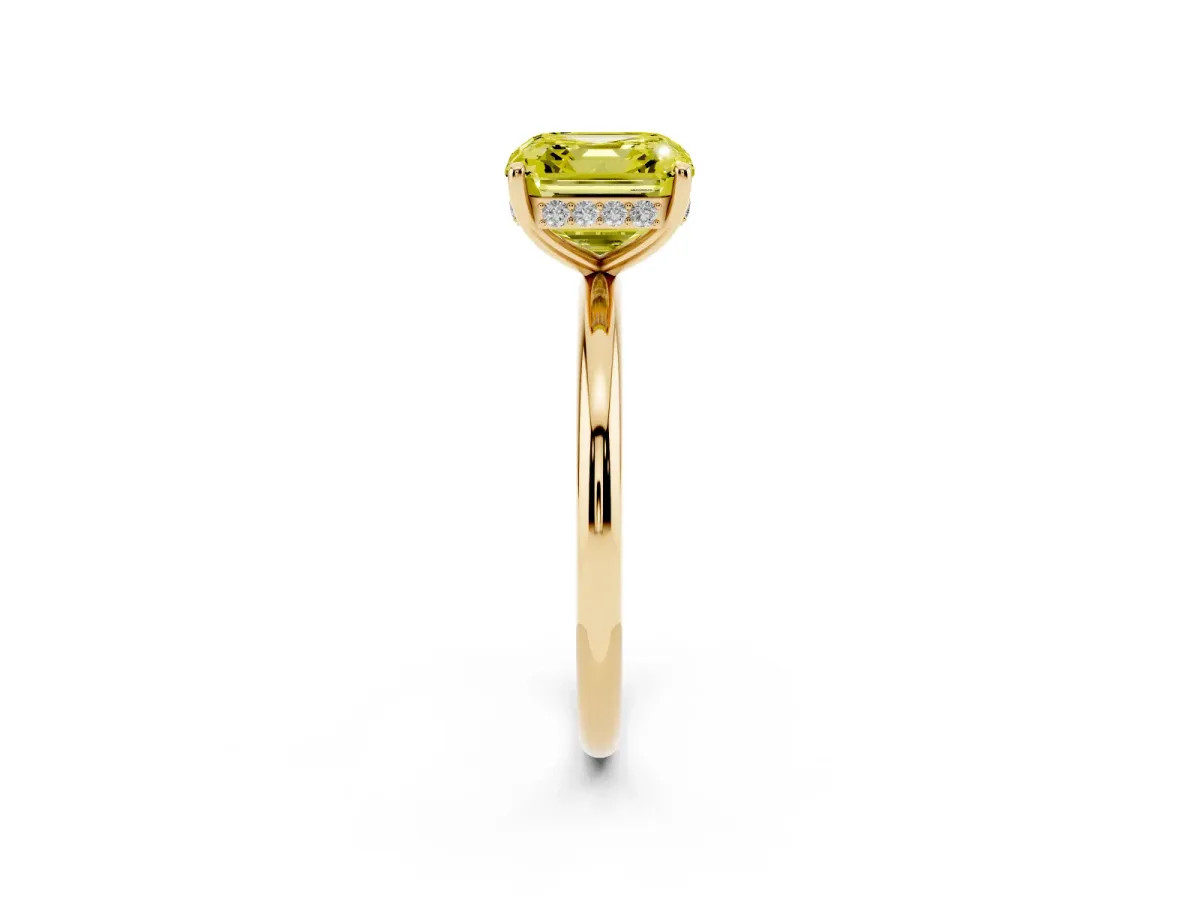 Fancy Yellow Asscher Cut Solitaire Diamond Ring with a Classic Band and Four-Prong Setting Yellow gold