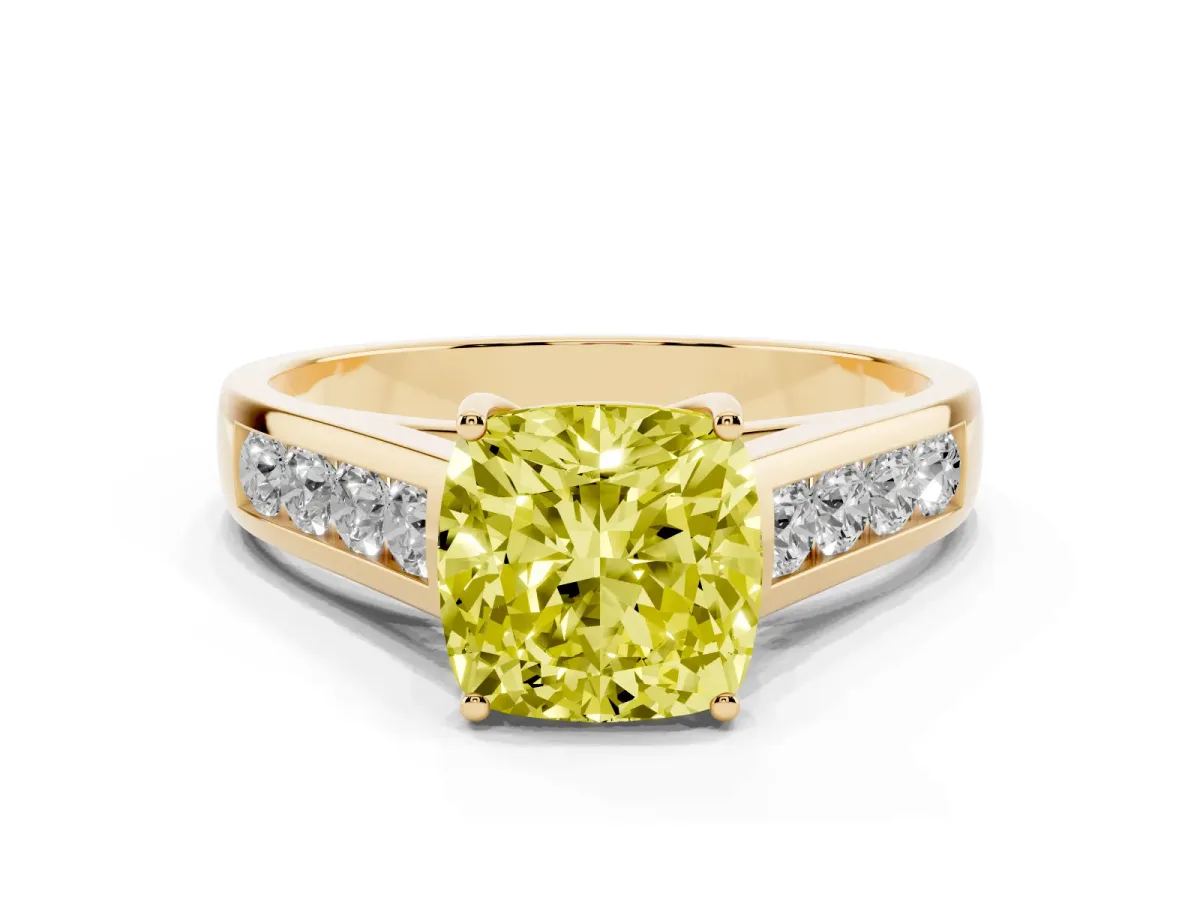 Fancy Yellow Cushion Cut Brilliant Channel-Set Solitaire Ring with Four-Prong Setting Yellow gold