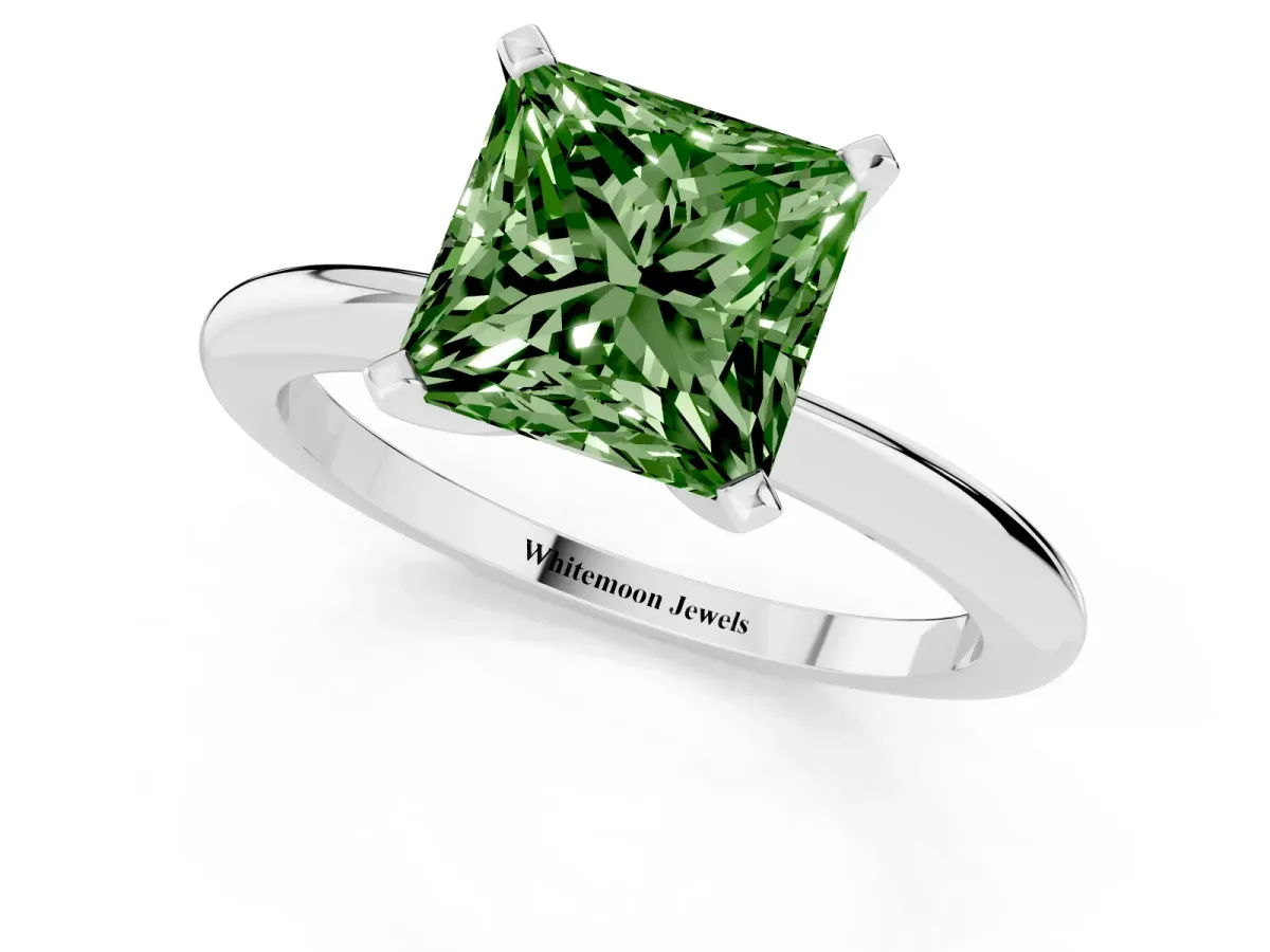 Fancy Green Princess Cut Diamond Solitaire Ring with Prong Setting and Classic Band Silver