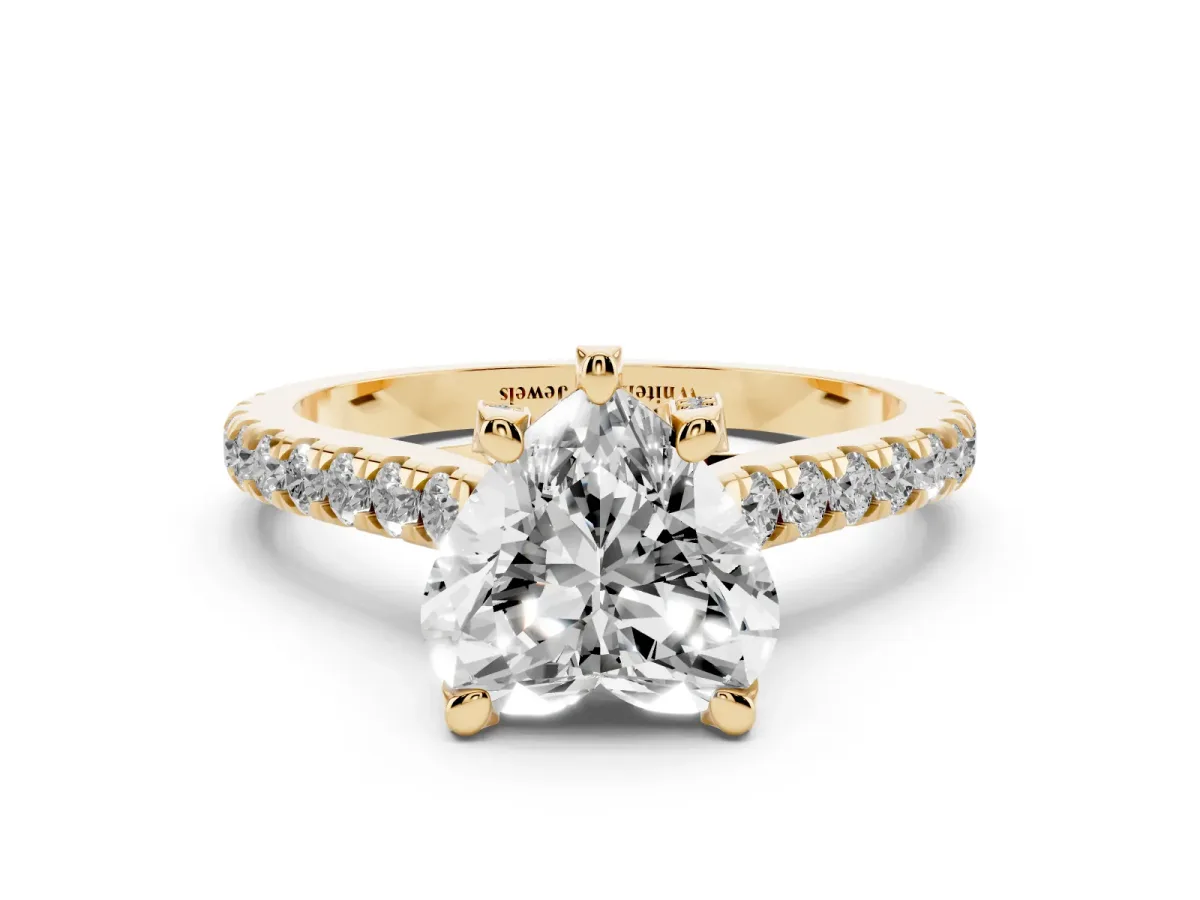 Heart Cut Brilliant Diamond Solitaire with Pavé Band and Four-Prong Setting Yellow gold